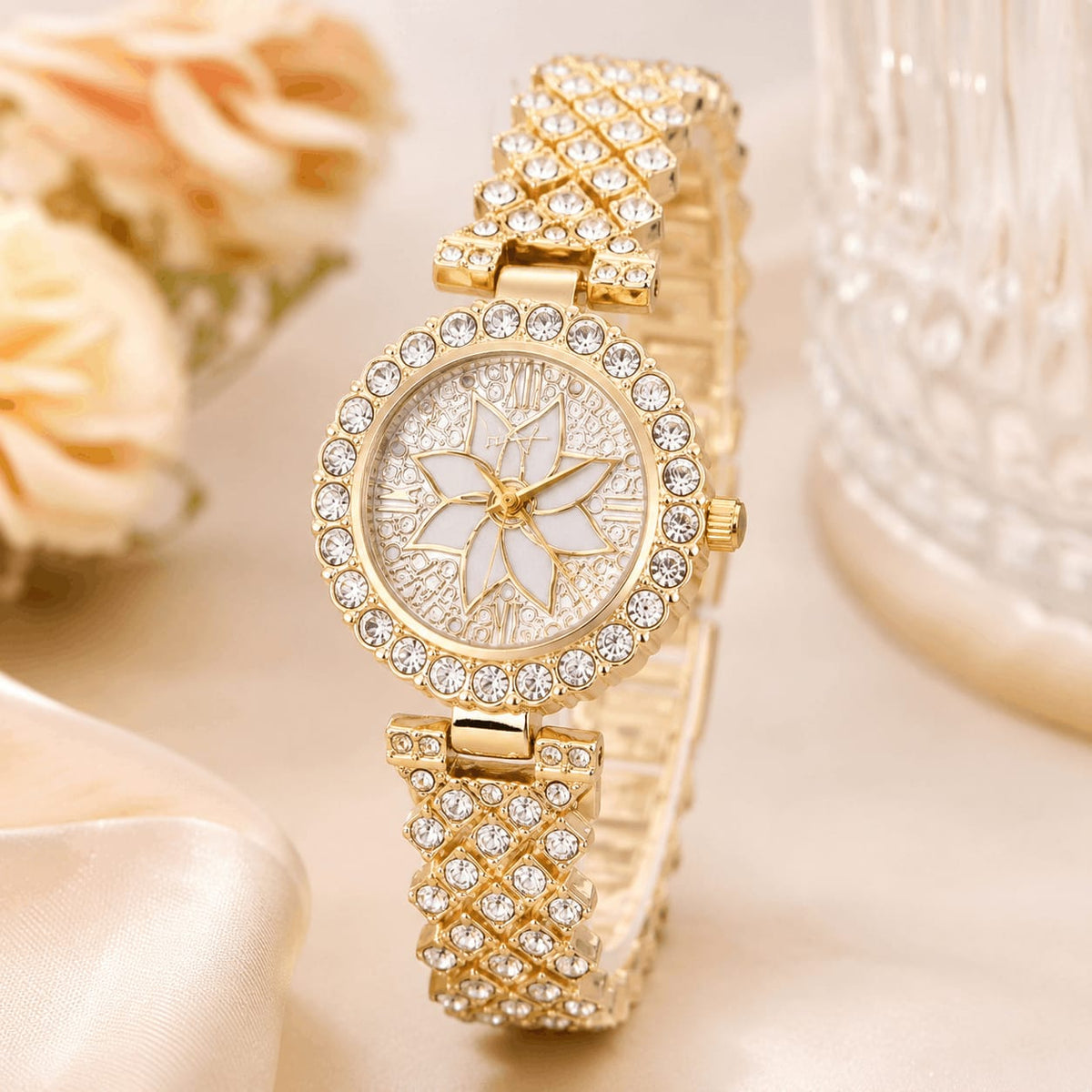 Luxury Floral Crystal Quartz Wrist Watch for Women – Rhinestone Bracelet Analog Fashion Wristwatch for Daily Wear, Party & Gift
